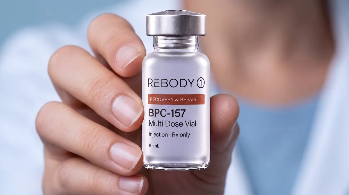 A hand holding a BPC-157 vial