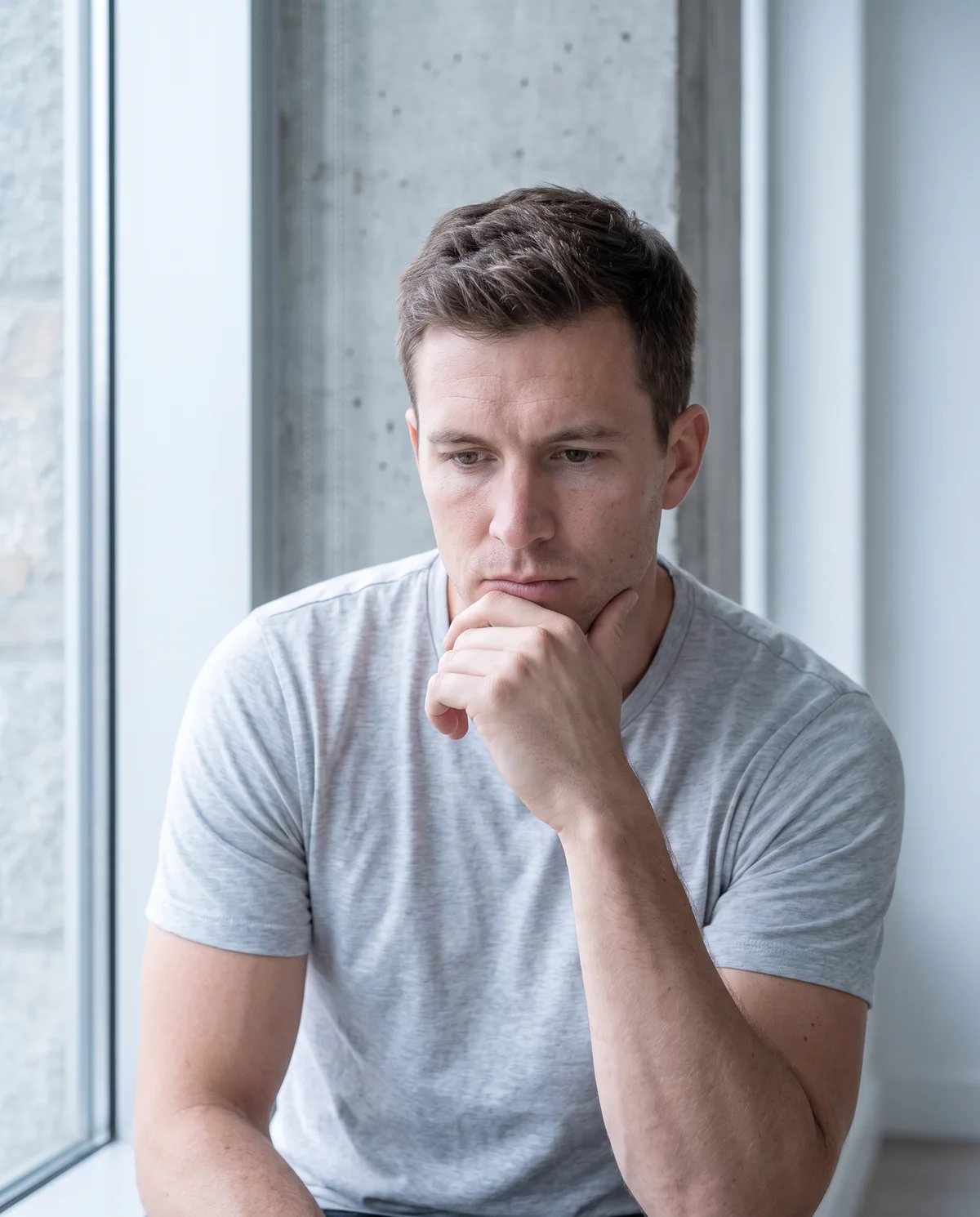 A man deep in thought by a tall window