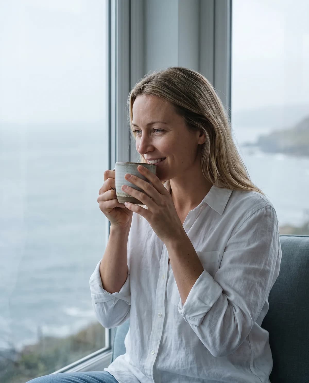 A woman holding a mug of tea by a window over the sea